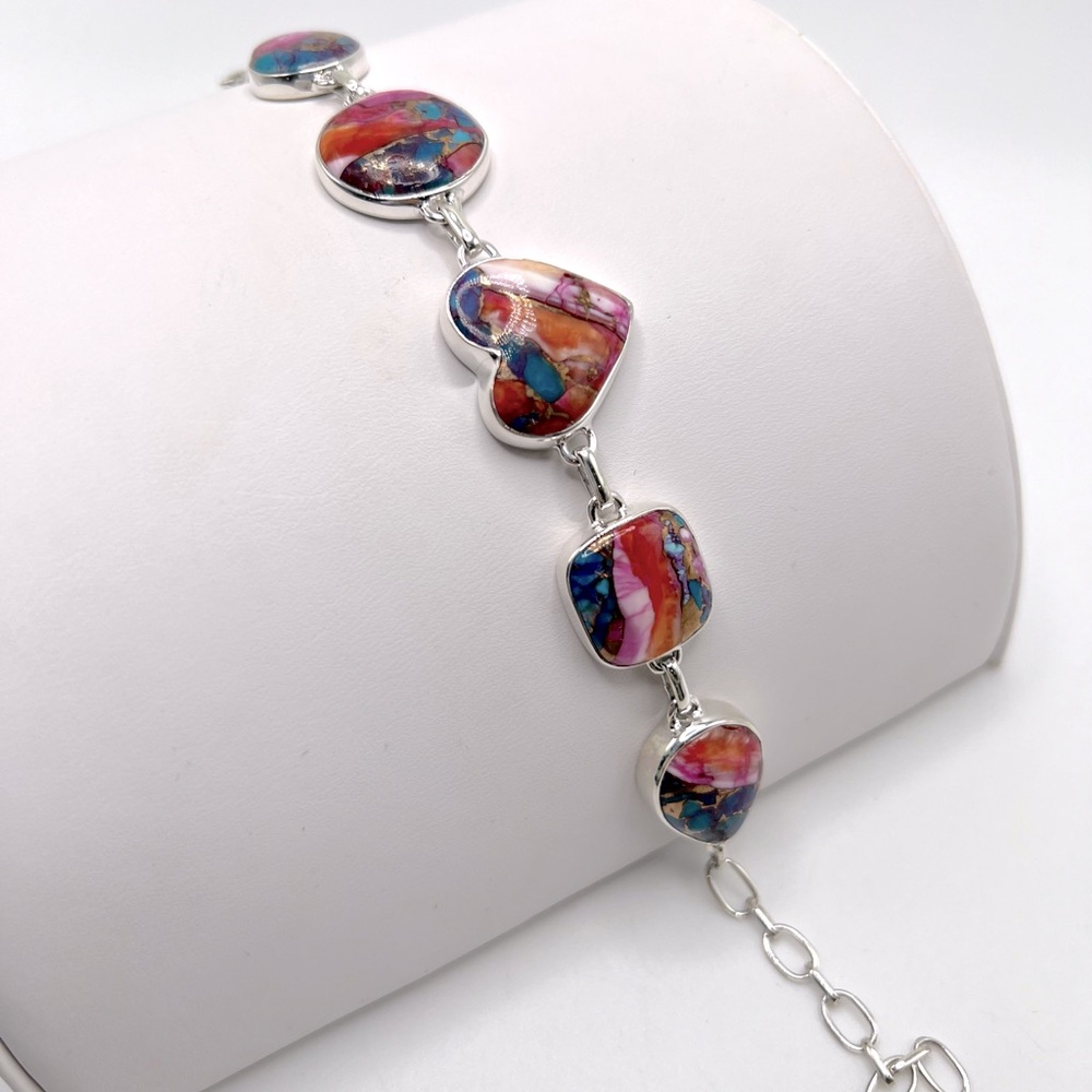 Pink Oyster Turquoise .925 Sterling Silver Bracelet - Picture 3 of 17